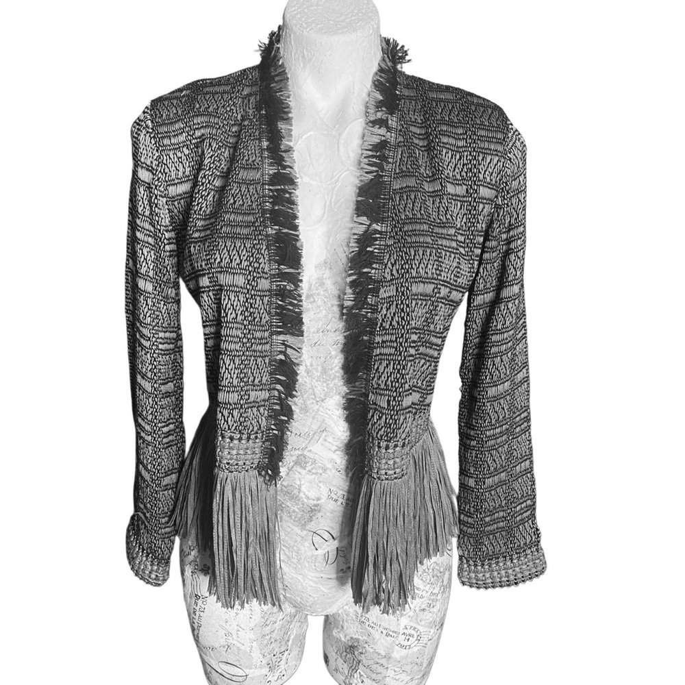 Nic + Zoe Steel Fringe Bolero Jacket woven warm gray w black detail
